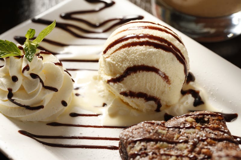 chocolate lava cake dessert with vanilla ice cream